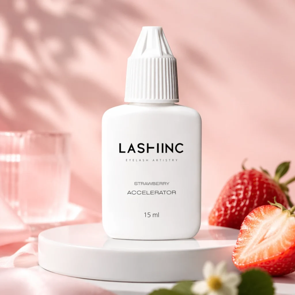 LashINC Strawberry Accelerator urýchľovač vytvrdnutia lepidla pre predĺžené mihalnice s jahodovým dizajnom