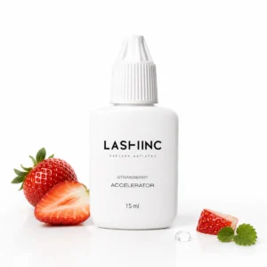 LashINC Strawberry Accelerator urýchľovač vytvrdnutia lepidla pre predĺžené mihalnice s jahodovým dizajnom
