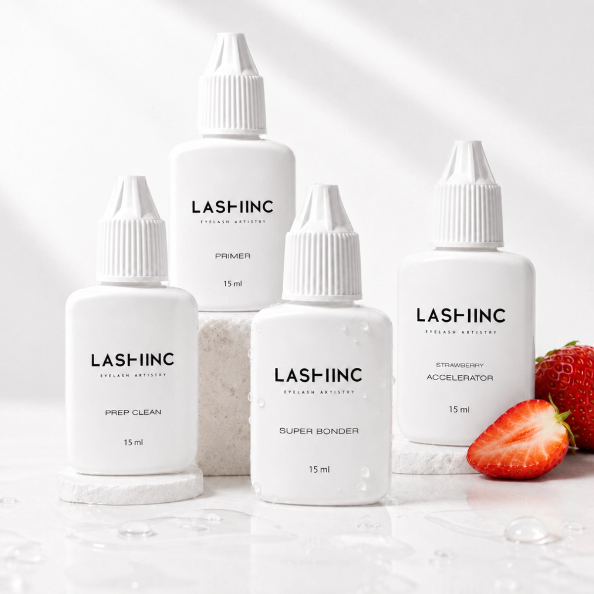 LashINC systém pre maximálnu retenciu obsahujúci Prep Clean, Primer, Accelerator a Super Bonder pre profesionálnu aplikáciu mihalníc